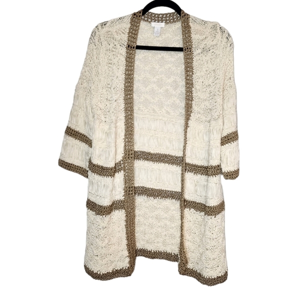 Chico's Knit Cardigan Cream Tan Bronze Open Front Size Medium (Size 1) - Picture 1 of 16